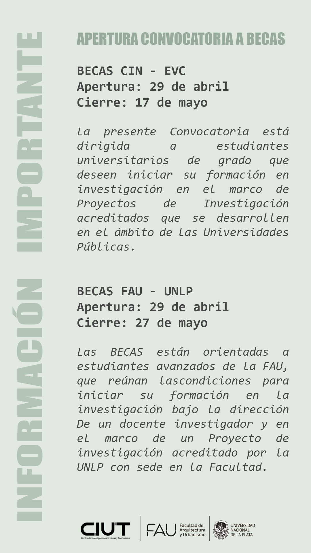 En este momento estás viendo Se encuentran abiertas las Convocatorias a Becas de Entrenamiento en Investigación